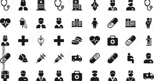 Collection of medical and healthcare icons representing doctors nurses hospitals and medicine isolated on transparent background