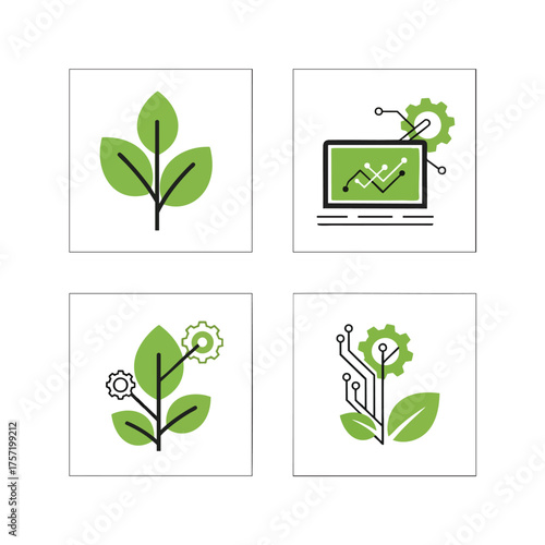 Green technology and agritech icon set featuring plants gears circuits and data analysis.