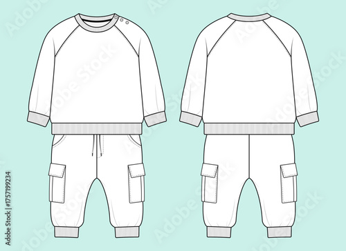 Infant Toddler Baby Raglan Sweatshirt with Shoulder Snaps and Cargo Jogger Set Fashion Flat Sketch CAD Template.