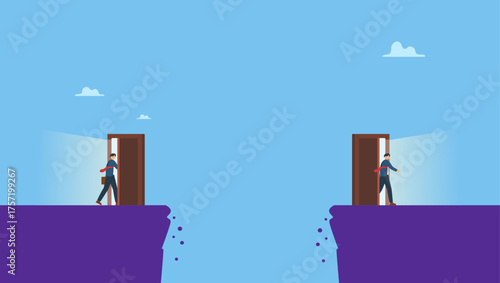 Confidence businessman access shortcut door to cross the gap. Shortcut for business success, solution or business opportunity, idea or creativity to solve problem, leadership determination.