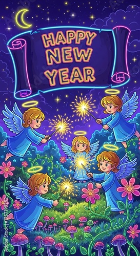 Angelic new year celebration with cherubs, sparklers, and moonlit garden