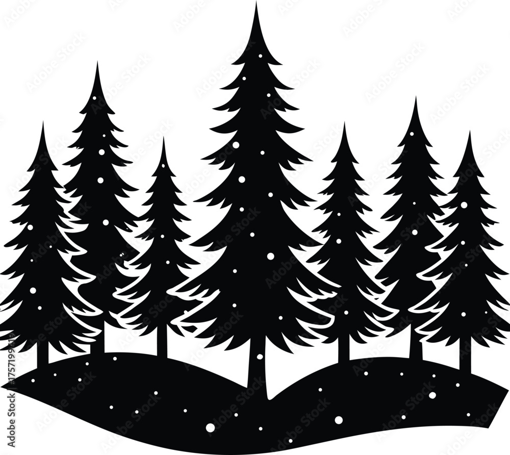 Obraz premium Winter forest silhouette Black pine trees silhouette with falling snow 3