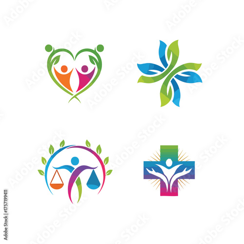 Set of four colorful health wellness and community care logo icons with abstract human figures and nature elements.