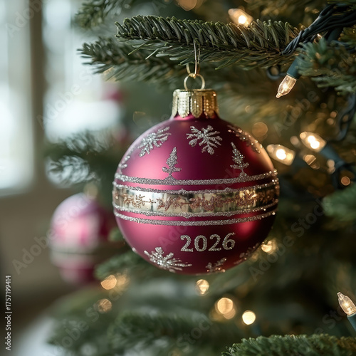 Festive red christmas ornament on tree with snowflake design and 2026 year marking