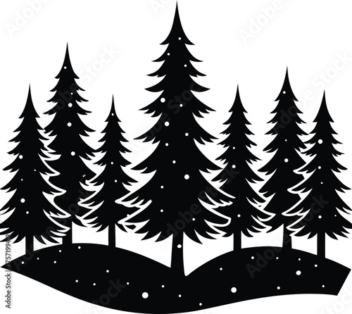 Winter forest silhouette Black pine trees silhouette with falling snow 3