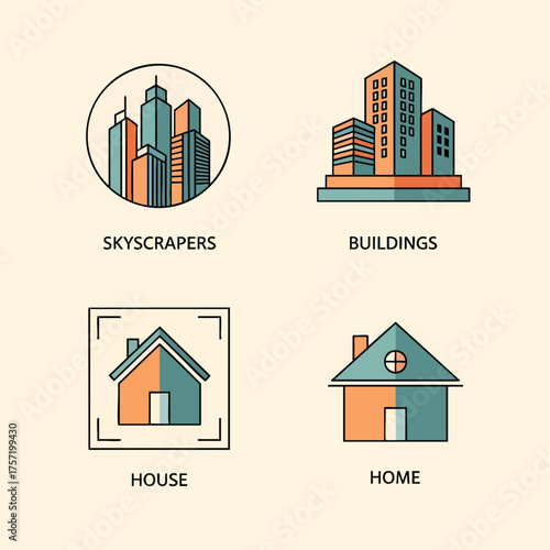 Set of four flat line art icons representing skyscrapers buildings a house and a home.