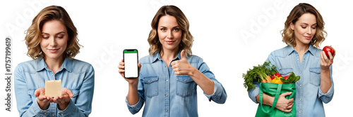 Eco lifestyle set with natural soap, grocery tote of produce, and smartphone app approval for zero‑waste habits — Isolated on transparent background, png