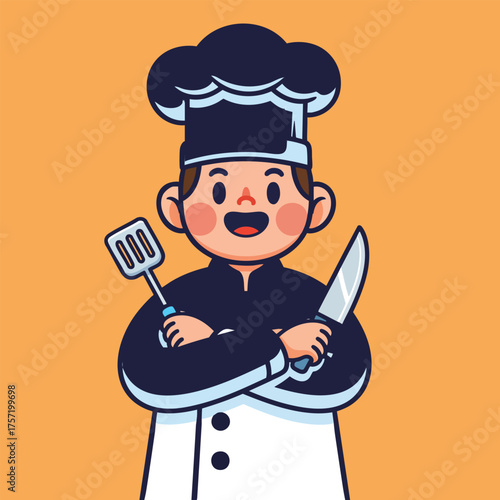 Smiling cartoon chef character in uniform holding a knife and spatula.