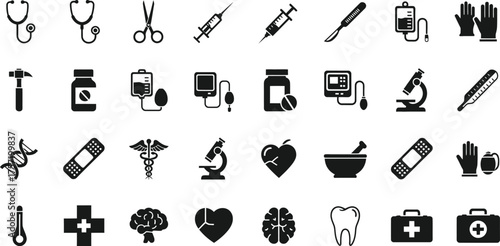 Collection of medical and healthcare icons representing various instruments and symbols isolated on transparent background