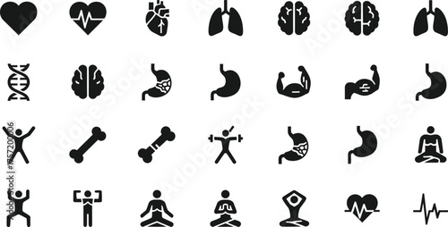 Collection of medical and human body organ icons representing health wellness and anatomy isolated on transparent background