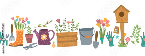 Garden equipment seamless border isolated on white. Cute horizontal pattern with flowers and tools