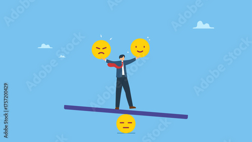 Mindful calm businessman using her hand to balance smile and sad face. Emotional intelligence, balance emotion control feeling between work stressed or sadness and happy lifestyle.