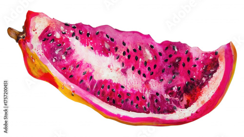 A slice of dragon fruit with pink flesh and black seeds