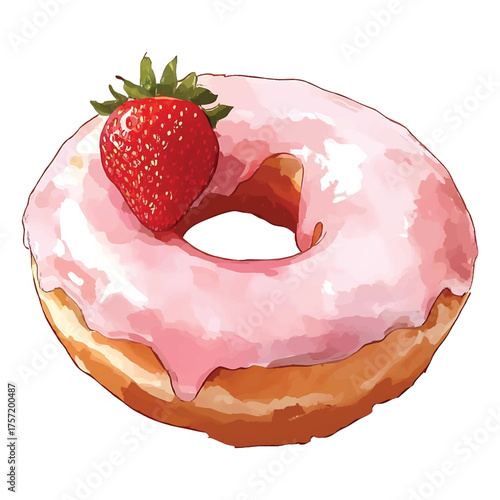 Watercolor Donut with Pink Frosting and Strawberry Topping on watercolor illutrastion transparent background