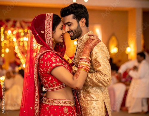 Couple embraces, clad in vibrant traditional attire during a celebration