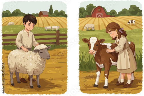 Children petting farm animals, rural life, agriculture, calf, sheep, barn, countryside, livestock care, nature, pasture, cow, kid, outdoor, field, interaction, peaceful, 