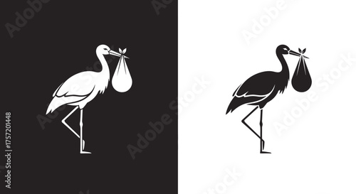 Minimalist Stork Delivering a Baby Vector Icon in Black and White