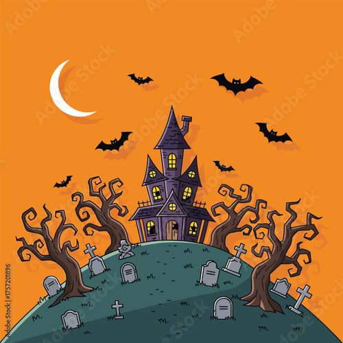 Spooky Halloween Haunted House with Bats and Graveyard on Orange Background