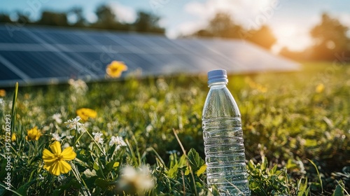 A refreshing bottle of water sits in a field of wildflowers, with solar panels in the background, symbolizing sustainability and hydration