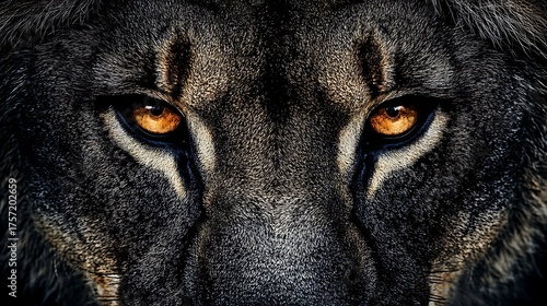 Intense gaze of a majestic lion with piercing amber eyes, a symbol of power and courage, captured in a striking closeup portrait