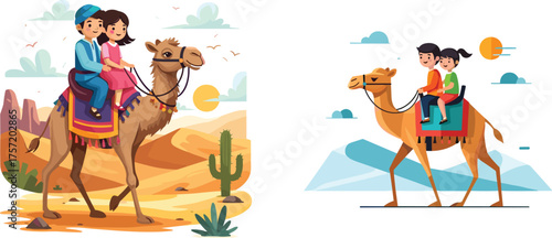 Children riding camels, desert adventure, cultural tourism, family travel, kids exploring dunes, colorful saddles, sunset journey, mountain landscape, outdoor learning, exploration