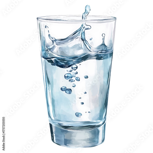 Watercolor illustration of a glass of water with a splash and watercolor illutrastion transparent background