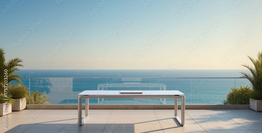 Fototapeta premium Laptop Terrace View Tropical Ocean Horizon Pastel Reflections
