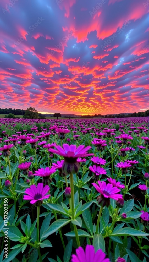 Obraz premium Vibrant phacelia field under a dramatic purple sunset sky, sunset, petals, landscape