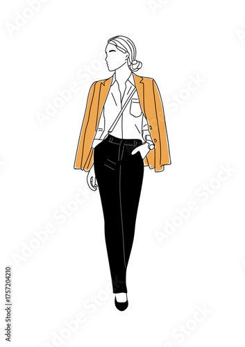 Minimalist fashion vector of a woman in mustard blazer and black trousers, clean line art, modern business casual style, transparent background, professional outfit illustration
