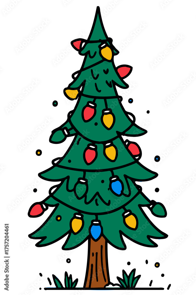 Obraz premium Minimalist Line Art Christmas Tree with Colorful Baubles and Lights