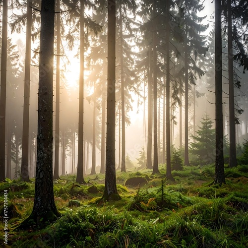 Misty forest sunbeams