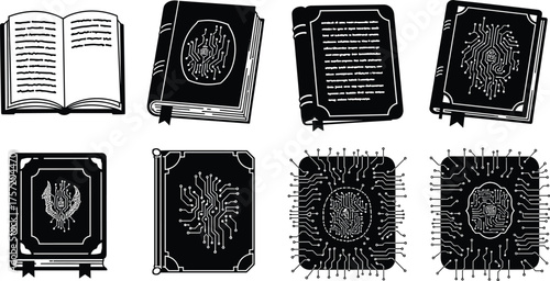 Black and white digital book icons, circuit board technology books, futuristic microchip illustrations, e‑library concept, modern knowledge and innovation