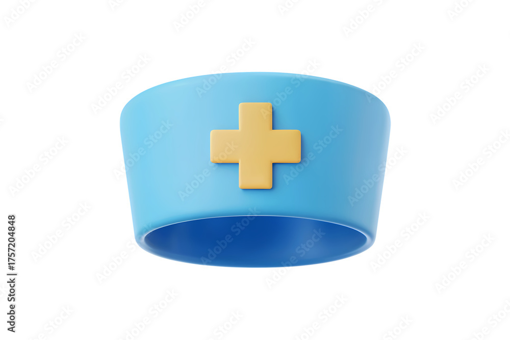 Fototapeta premium 3d illustration icon of blue nurse hat with golden cross symbol. Isolated on transparent background, png