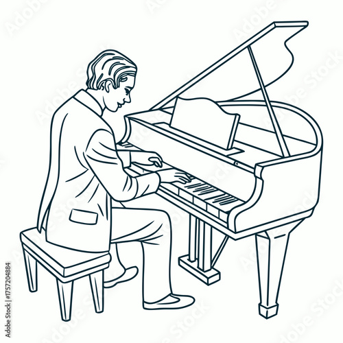 Minimal Line Art Vector Illustration of a Pianist Playing the Piano