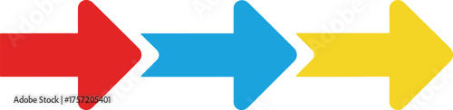 Three colorful right arrows in red, blue, yellow, flat vector direction icons for progress flow and navigation.
