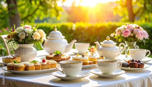 Wallpaper Mural Elegant outdoor tea party with cupcakes, pastries, and floral arrangements in golden sunlight Torontodigital.ca