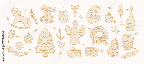 Сhristmas hand drawn icons. doodle vintage element of décor with bows and snowflakes. Vector whimsical sketch for cover, background, frame, pattern, wallpaper.