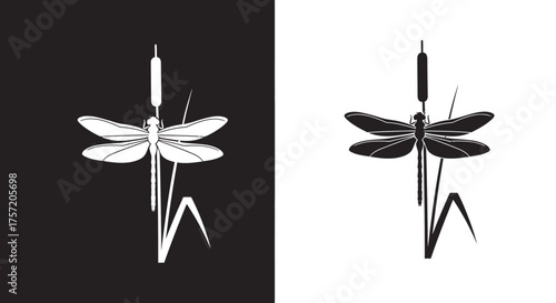 Logo Template Dragonfly on Cattail Reed Vector Illustration in a Minimalist Silhouette Style Black and White