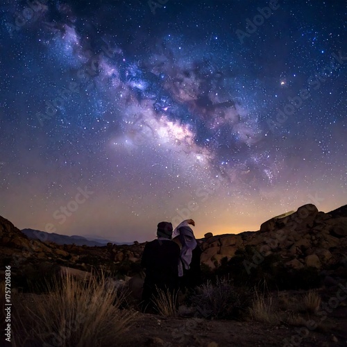 Couple gazing at the vast Milky Way galaxy over a rocky landscape
