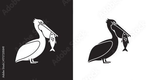 Minimalist Pelican with Fish Vector Logo Template in Black and White Silhouette Style