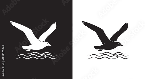 Minimalist Seagull Silhouette Vector Logo Flying Over Ocean Waves in Black and White