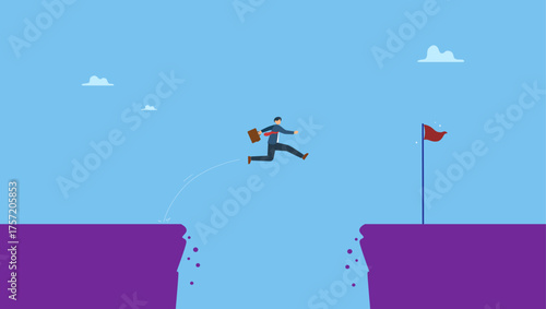 Brave businessman winner jump over the cliff gap to reach success flag on other side. Take risk for opportunity to success, risky decision, determination or courage to overcome challenge.