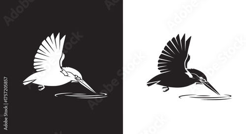 Stylized Kingfisher Bird Vector Logo Template Black and White Minimalist Icon Illustration
