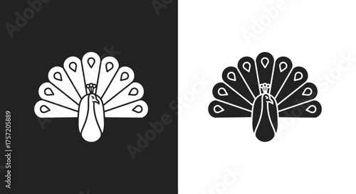 Elegant Peacock Logo Vector Icon with Stylized Fanned Tail in Black and White
