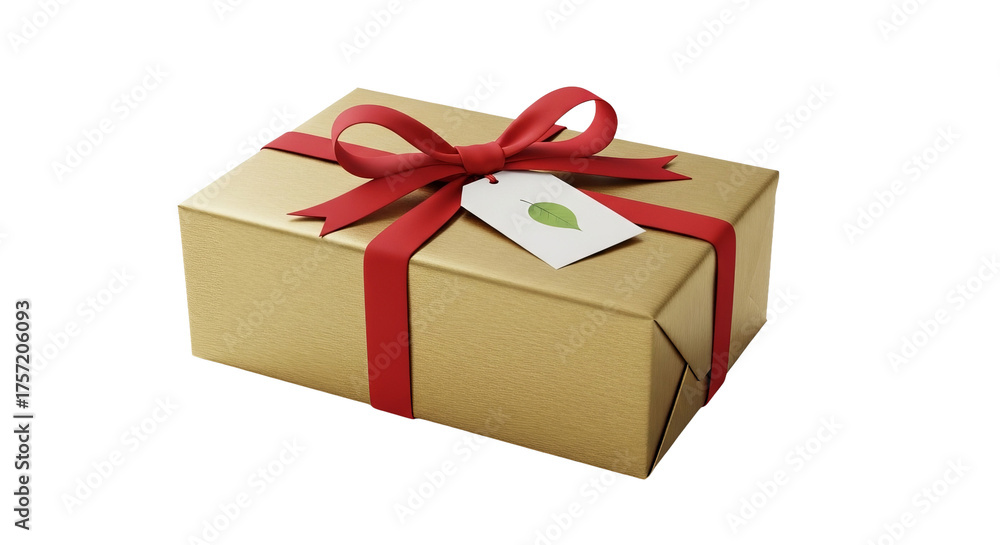 Obraz premium Wrapped present sits with red ribbon and attached tag showing a green leaf symbol.