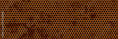 Seamless bg of a rusty honeycomb lattice with circle holes. Aged patern with a grunge texture. Worn metal background. Metal grid with an aged, oxidized effect. Vector illustration.