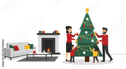 A heartwarming flat design illustration portraying a happy family joyfully decorating a tall Christmas tree in their modern living room. 