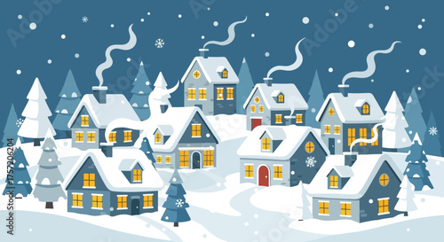 A picturesque flat design illustration of a charming, snow-covered Christmas village, complete with quaint houses, festive trees, and falling snowflakes. 