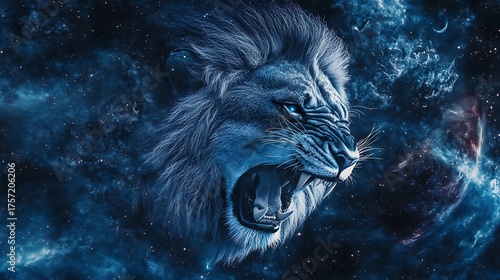 Majestic lion roaring in a cosmic nebula, a powerful symbol of strength and courage, set against a backdrop of stars and galaxies