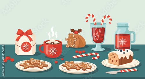 A delightful flat design illustration presenting a cozy spread of festive holiday treats and warm beverages, including gingerbread, hot cocoa, and candy canes. 